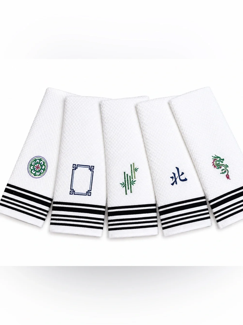Mahjong White Embroidered Cotton Kitchen Towels - Set of 5 Decorative Towels